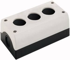 Custodia con tre aperture circolari, idonea al montaggio di interruttori o pulsanti, custodia bianca con base nera.