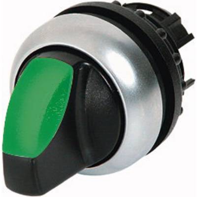 Manopola di comando con leva di segnalazione verde, circondata da un anello metallico argentato. Utilizzata per controllare lo stato o la funzione.