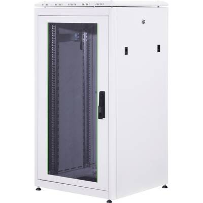 Un armadio rack per server bianco con porta in vetro e maniglia nera, idoneo per conservare attrezzature IT nei data center.