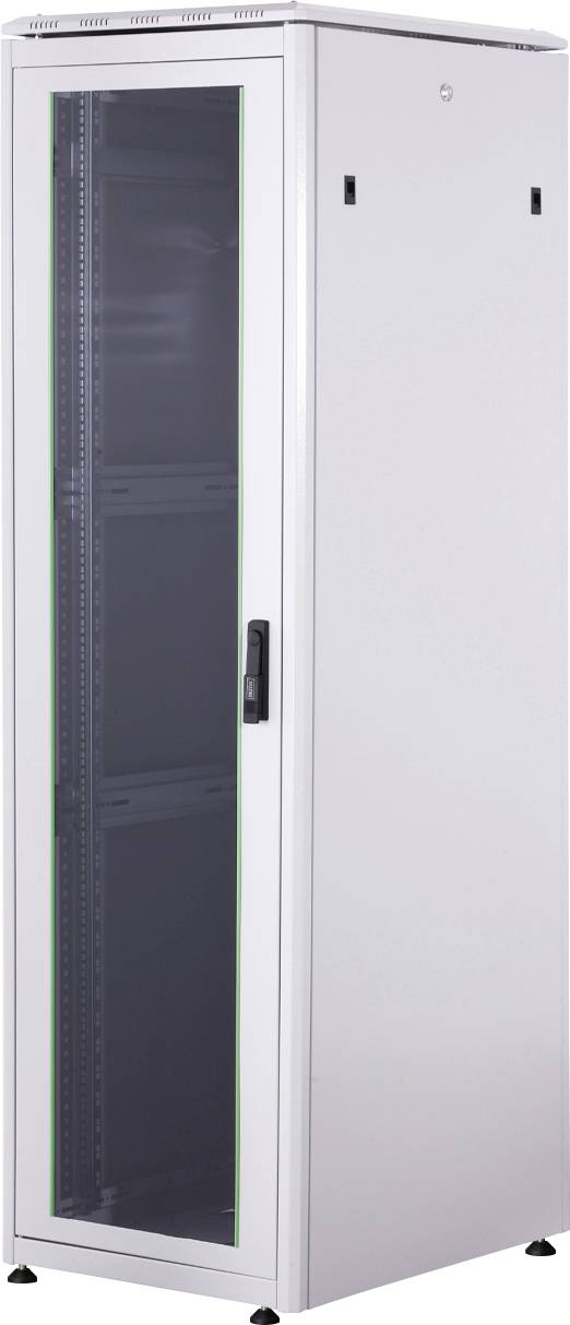 Un rack server bianco con porta in vetro e maniglie nere, utilizzato per ospitare server e apparecchiature di rete.
