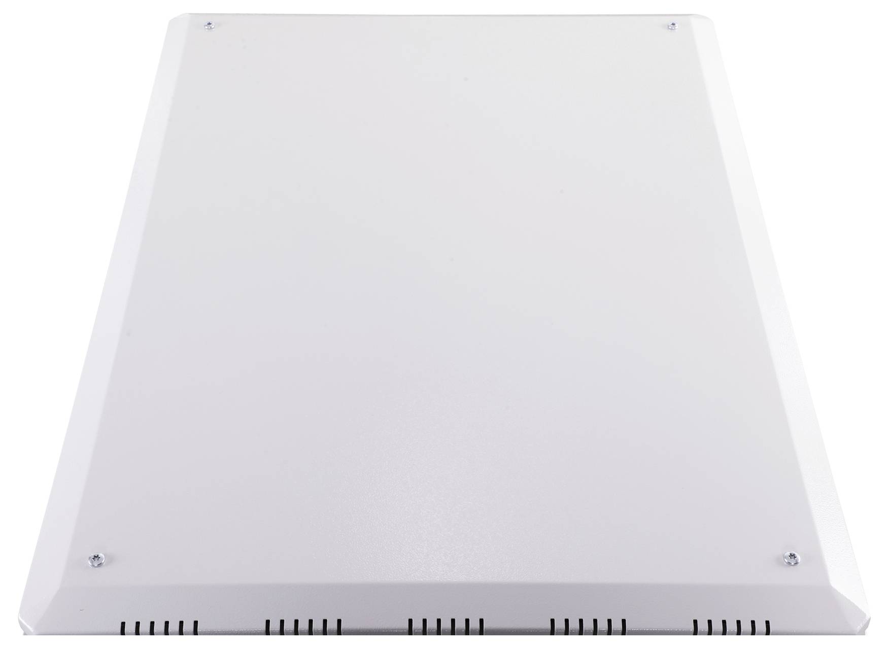 Copertura metallica bianca, rettangolare, con bordi arrotondati e fessure di ventilazione sul lato inferiore, fissata con quattro viti agli angoli.
