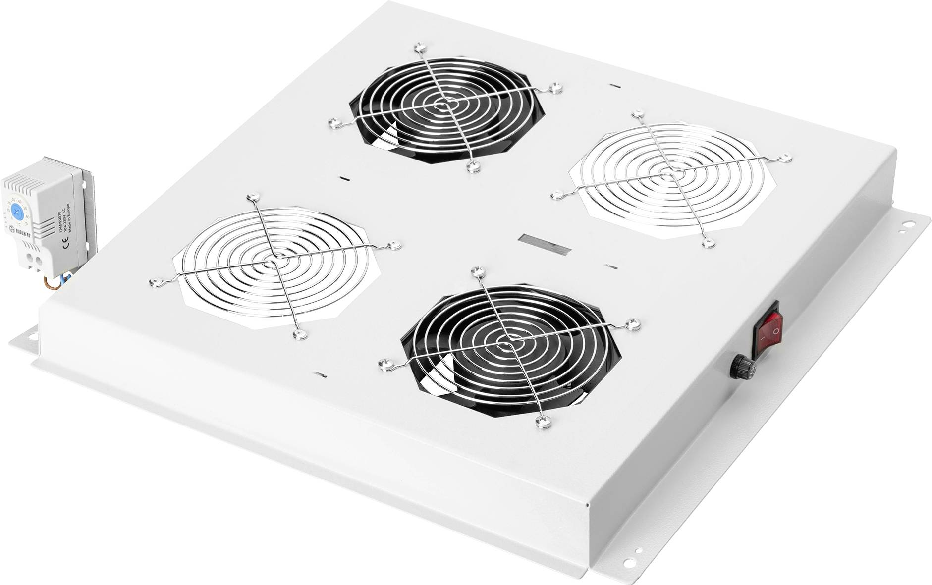 Un'unità di ventilazione quadrata con quattro ventilatori e griglie protettive, dotata di un interruttore di controllo sul lato, utilizzata per la circolazione dell'aria.