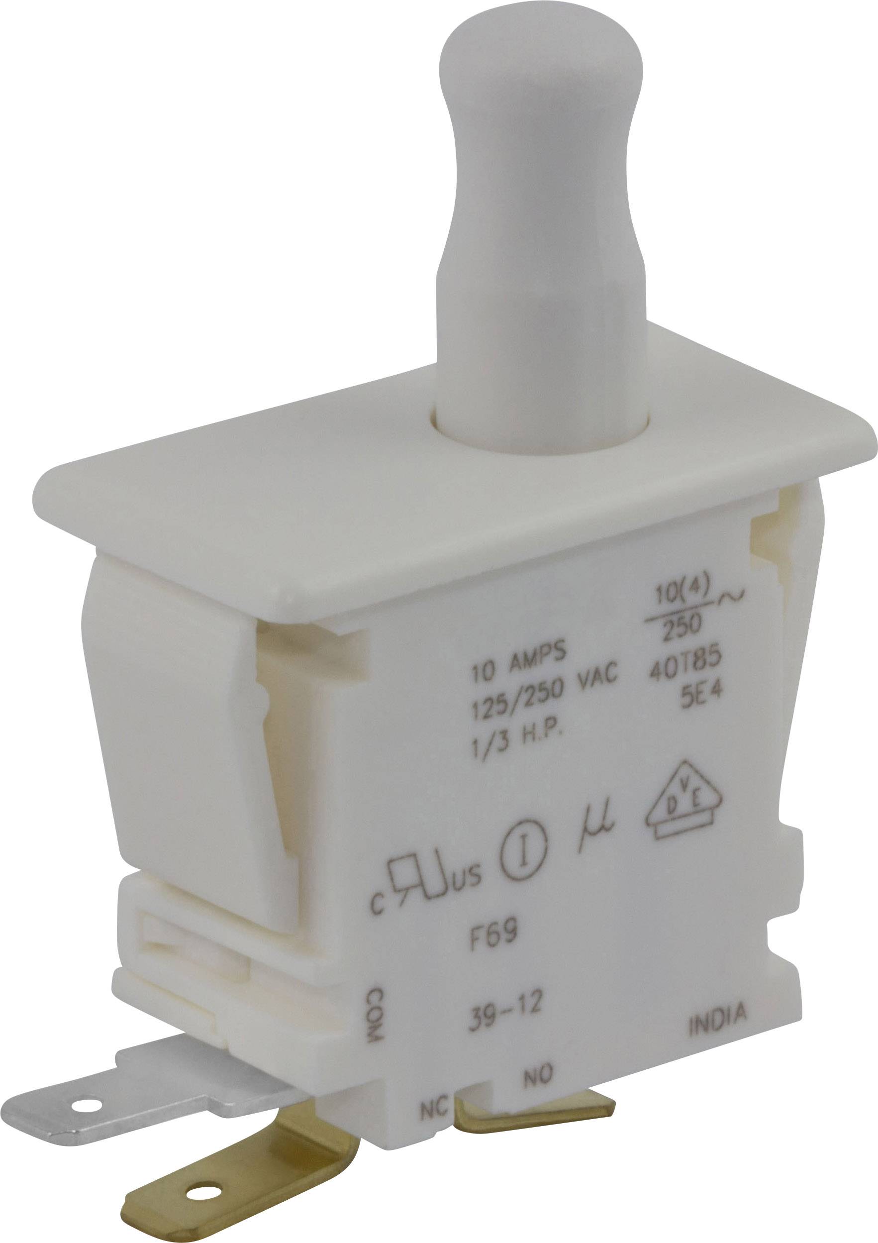Un interruttore a levetta bianco con specifiche tecniche stampate, tra cui 10 ampere e 125/250 V corrente alternata.