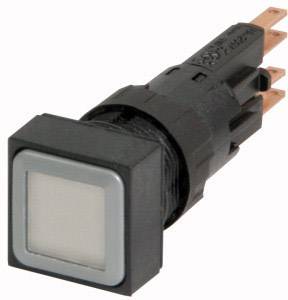 Un pulsante nero quadrato con bordo argentato, rivolto verso l'alto a destra. Connessioni elettriche visibili sul retro.