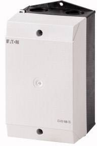 Un quadro elettrico bianco rettangolare con due aperture rotonde sulla parte superiore e il logo 'EATON' in basso a sinistra.