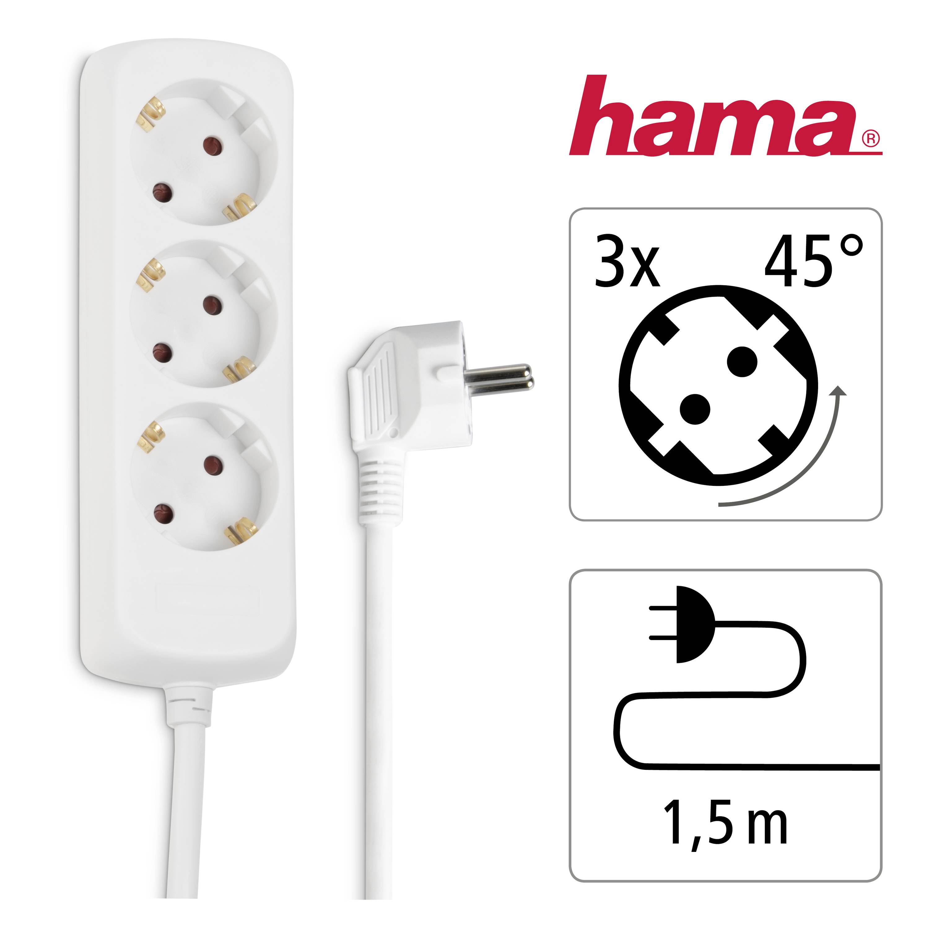 Presa tripla con cavo da 1,5 m, ruotata di 45°. Marchio 'hama' in alto a destra. Mostra simboli per prolunga elettrica.