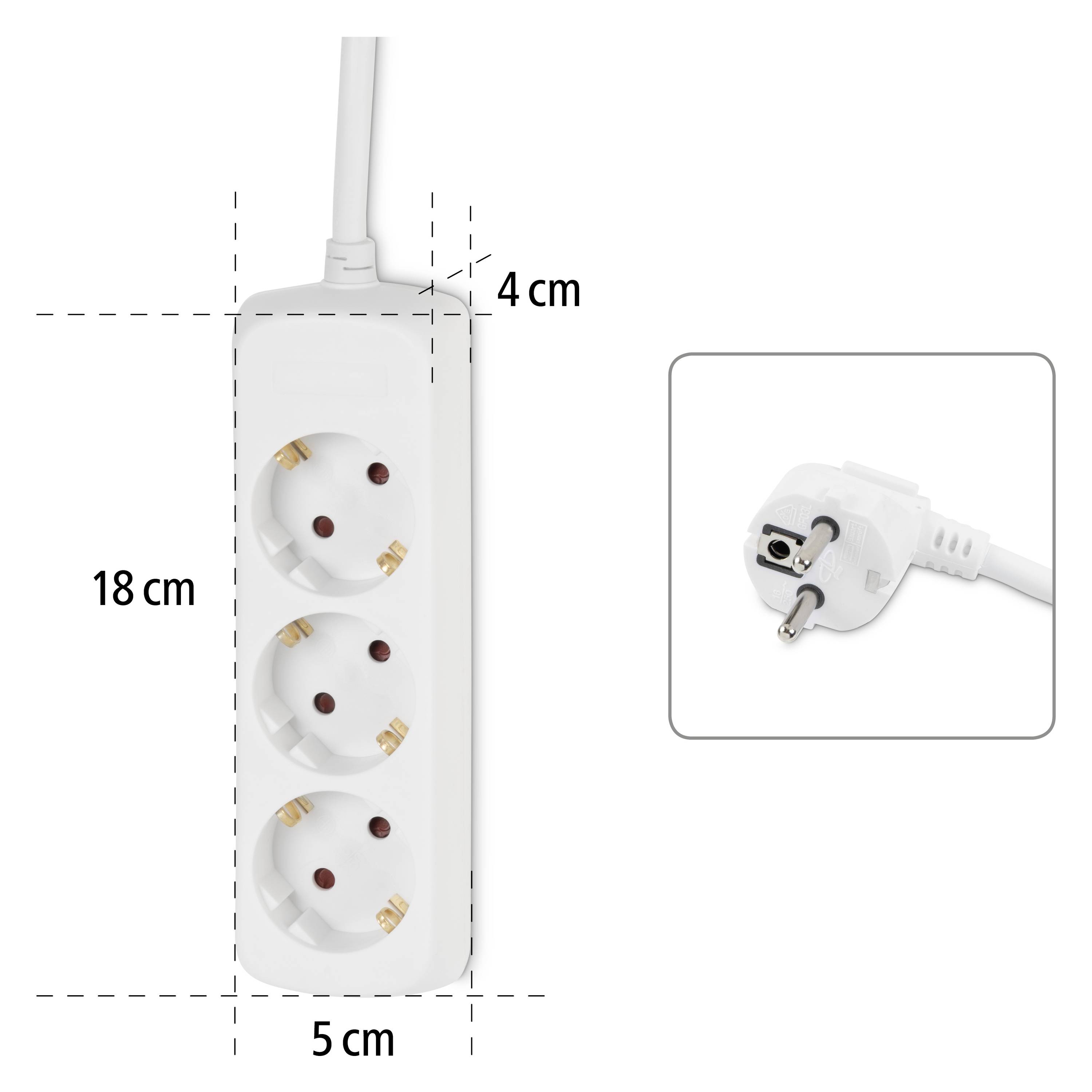 Multipresa tripla con cavo, dimensioni: 18 cm x 5 cm x 4 cm. Primo piano separato di una spina.