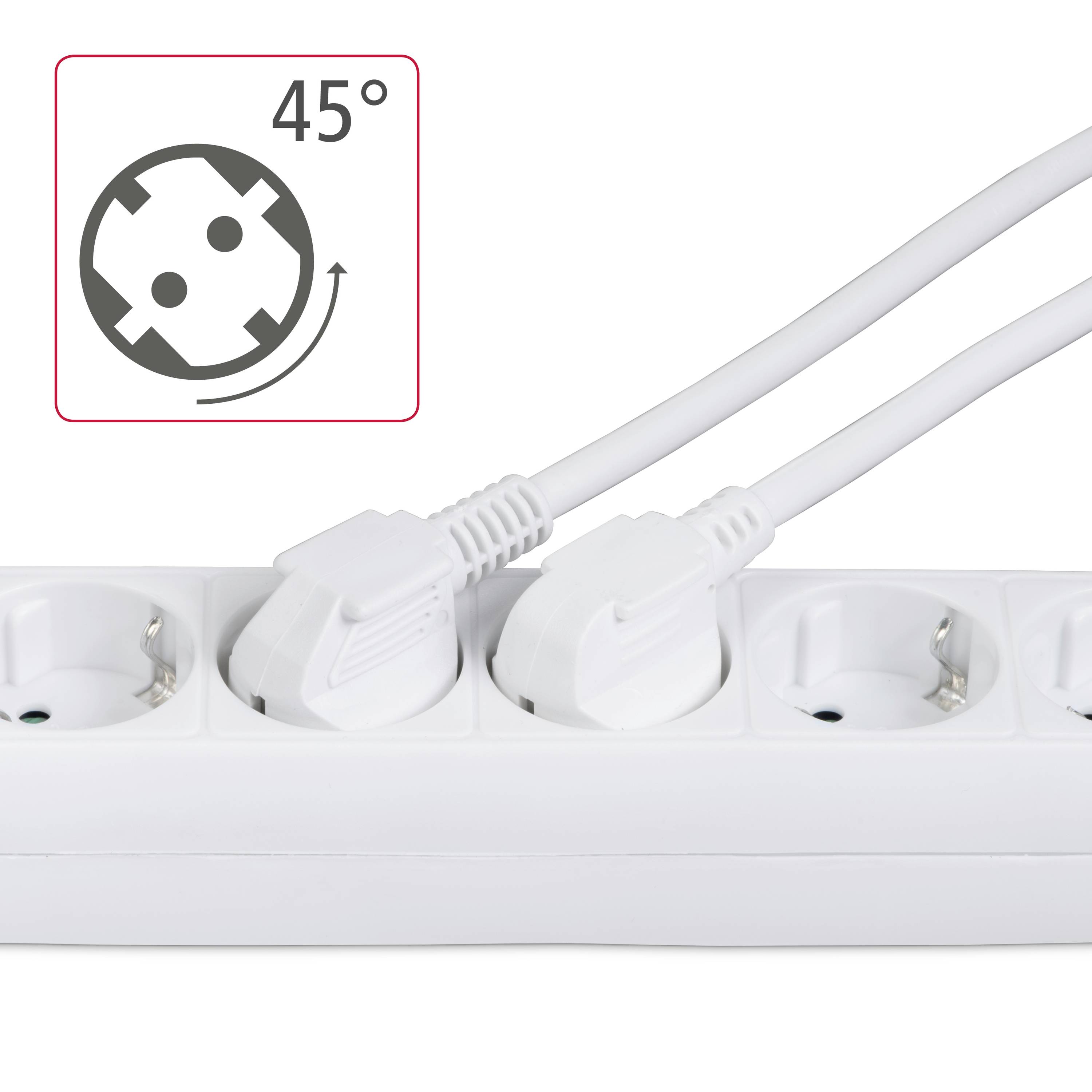 Multipresa con quattro prese, due spine sono già inserite. Un simbolo indica una spina ruotabile di 45 gradi.