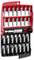 Un set di 32 bit per cacciavite in un supporto rosso e nero, organizzato in quattro file. Ideale per diversi tipi di teste di viti.