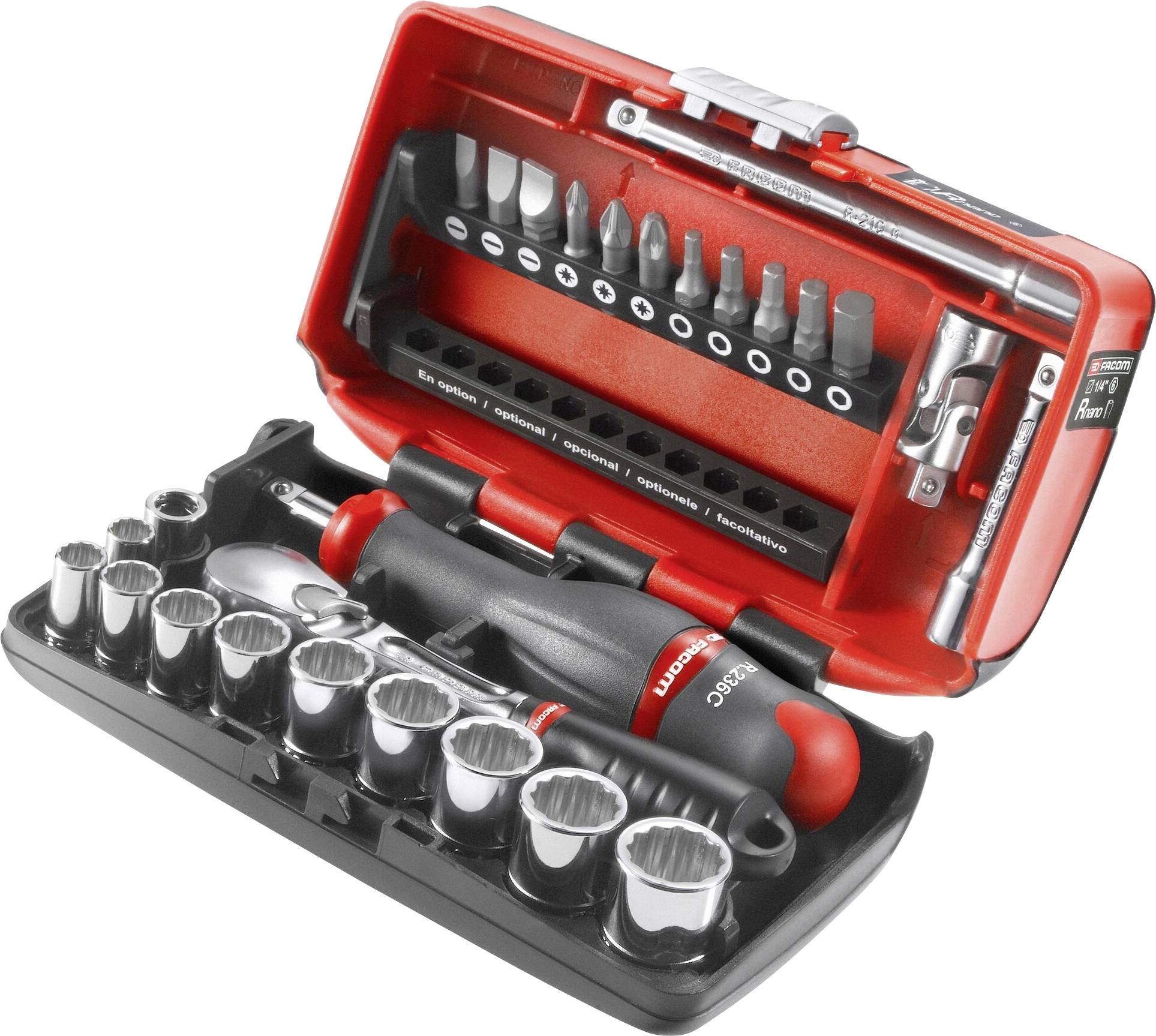 Un set di utensili rosso aperto con diversi inserti per cacciavite e chiavi a bussola, organizzati in file.