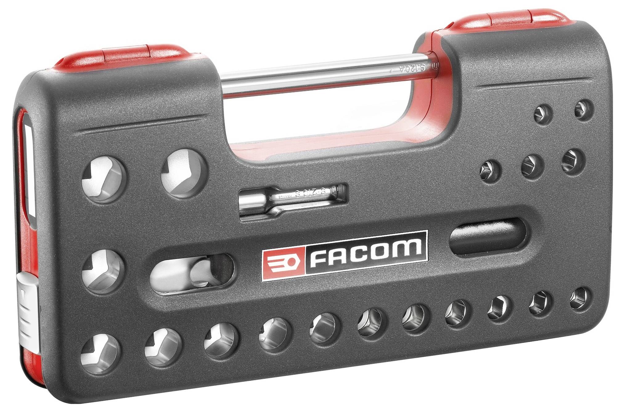 Set di utensili nero con più slot per bit e punte di cacciavite. Contiene il logo 'Facom'. Ideale per lavori fai-da-te.