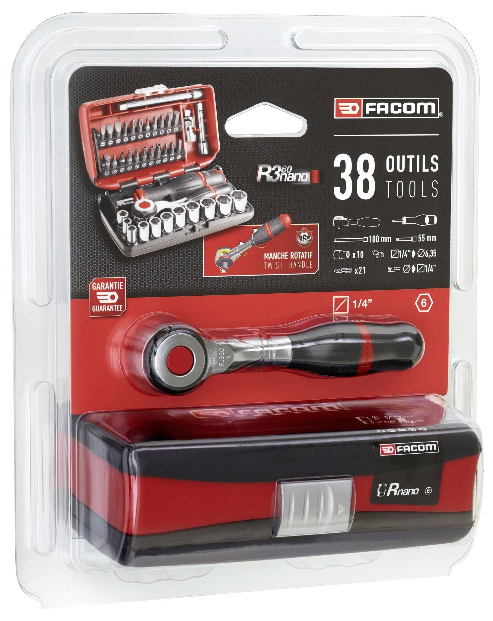 Confezione di un set di utensili Facom R360 Nano composto da 38 pezzi. Contiene diversi inserti per bit e un cricchetto. Sigillo di garanzia visibile.