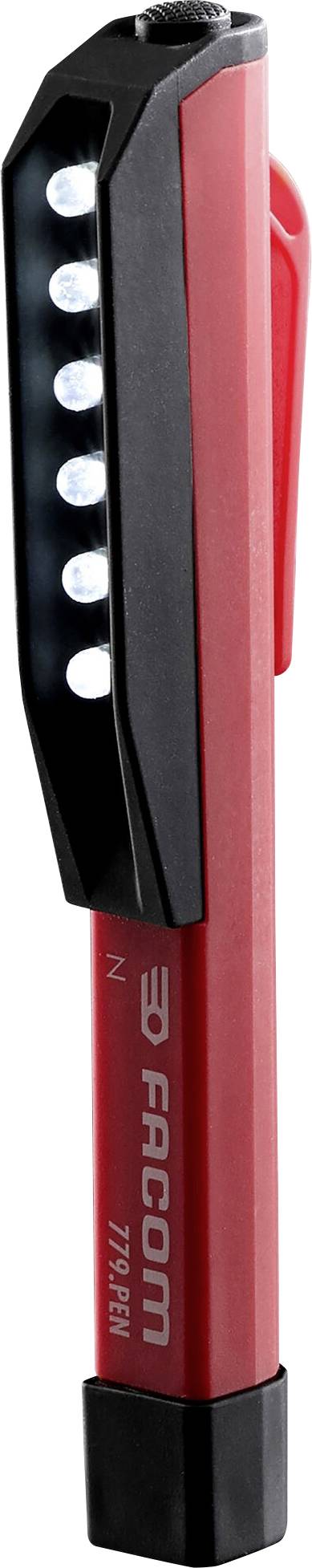 Penna torcia rossa con clip nera e diversi piccoli LED sul lato. Il nome del marchio 'FACOM' è visibile sul lato anteriore.