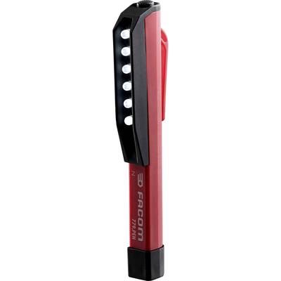 Penna torcia rossa con clip nera e diversi piccoli LED sul lato. Il nome del marchio 'FACOM' è visibile sul lato anteriore.