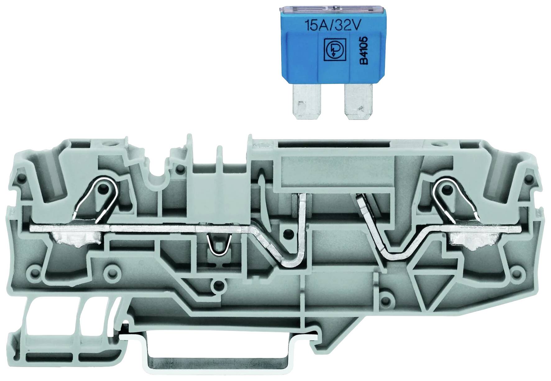 Un inserto fusibile blu da 15A/32V è posizionato sopra un supporto portafusibile grigio che presenta contatti metallici interni.