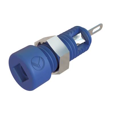 Un portafusibile cilindrico blu con attacchi metallici a innesto e un coperchio che reca un simbolo quadrato.