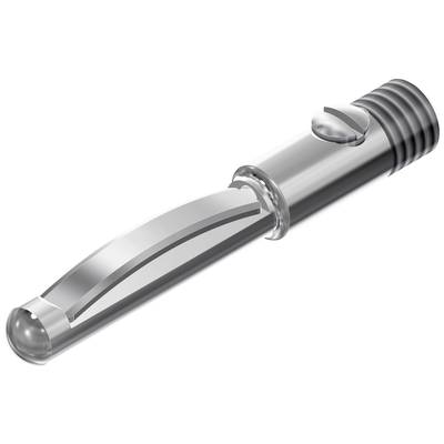 Un tubo metallico futuristico con un manico scanalato e una punta bombata. Sembra uno strumento tecnico.