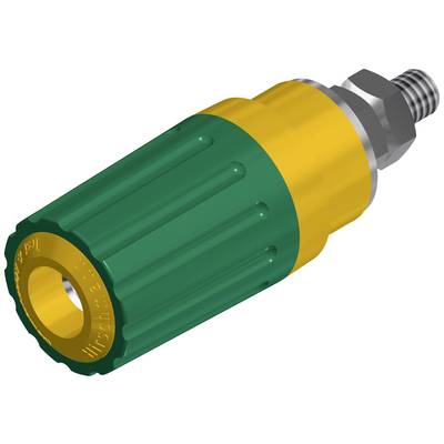 Un ugello a spruzzo ad alta pressione verde e giallo con attacco filettato, utilizzato per la pulizia industriale e generale.