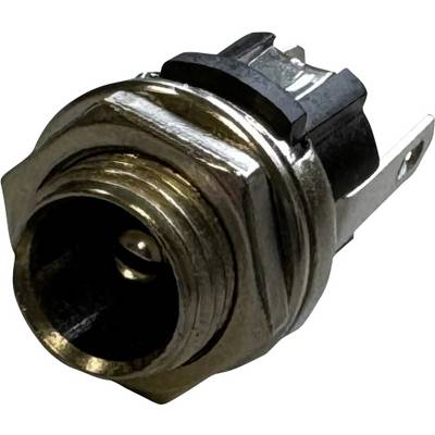 Presa elettronica in metallo e plastica con apertura circolare, utilizzata per connessioni audio o video.