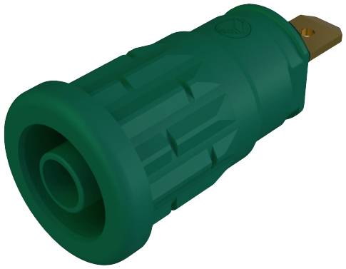 Adattatore elettrico verde con custodia robusta e un piedino metallico per il collegamento a una presa elettrica.