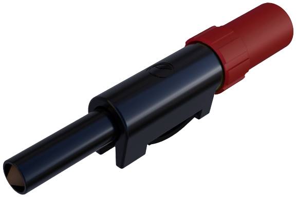 Un connettore nero e rosso, noto come spina a banana, viene utilizzato per connessioni elettriche in laboratori e impianti di test.