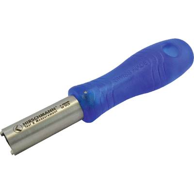 Un utensile blu con un cilindro metallico, contrassegnato con 'Hirschmann Test & Measurement', utilizzato per misurazioni di precisione.