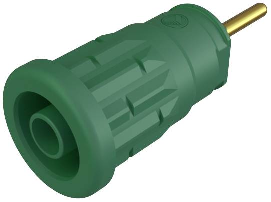 Spina di sicurezza verde con superficie zigrinata e punta dorata, adatta per applicazioni elettriche di laboratorio.