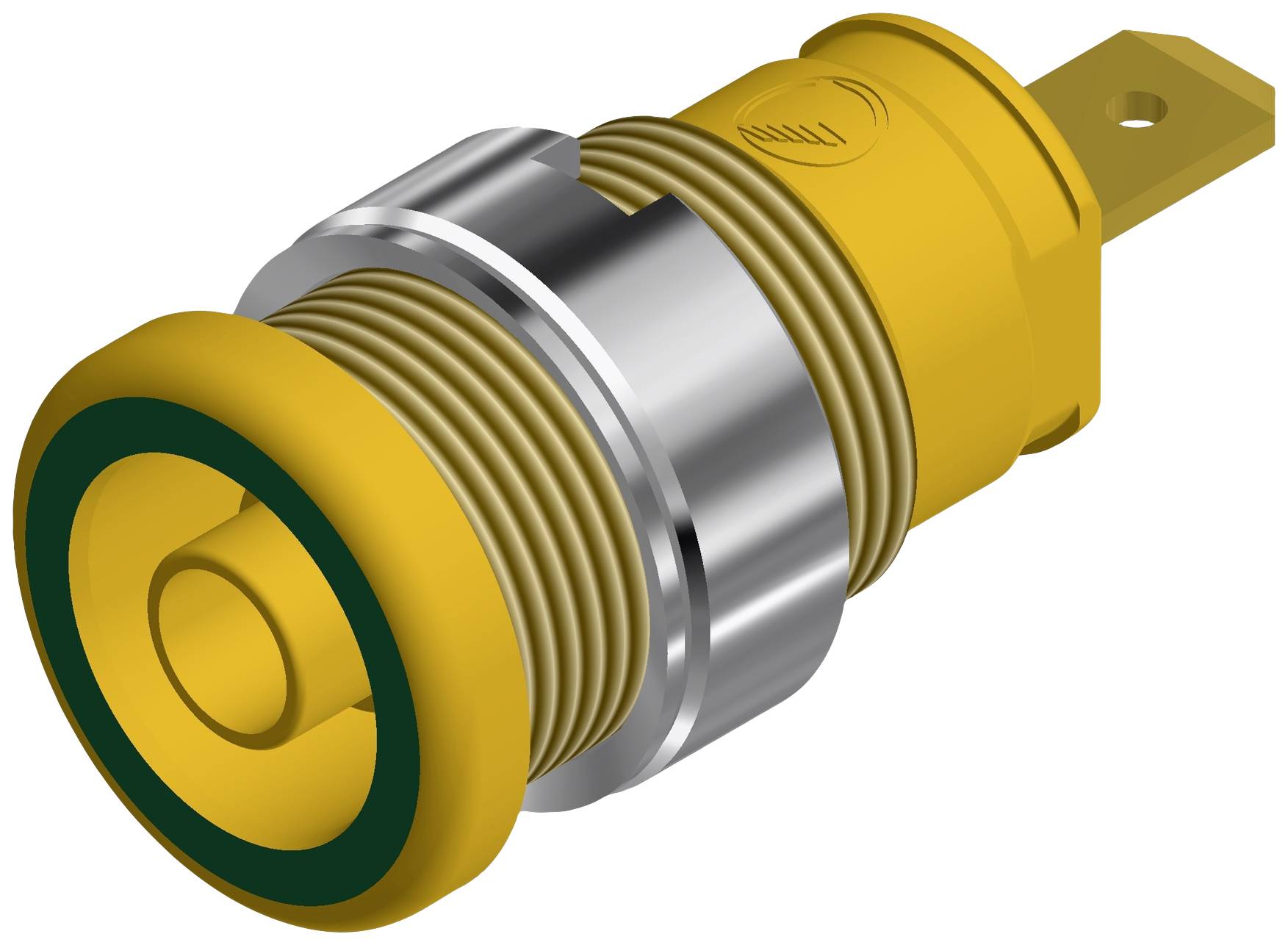 Un pulsante giallo, rotondo, con bordo verde su un involucro metallico.