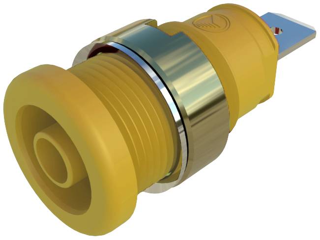 Connettore cilindrico giallo con bordo metallico, filettatura a vite e attacco piatto per il collegamento elettrico.