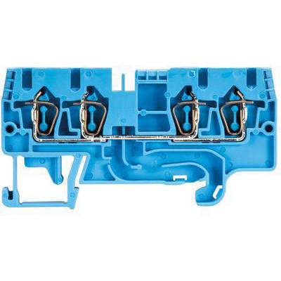 Blocco terminale elettrico blu con quattro morsetti e fili per il collegamento e l'organizzazione di circuiti elettrici.