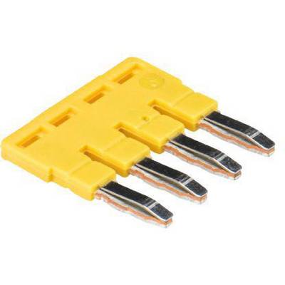 Un jumper giallo per connettori elettronici con quattro pin metallici, utilizzato per stabilire connessioni elettriche sulle schede elettroniche.
