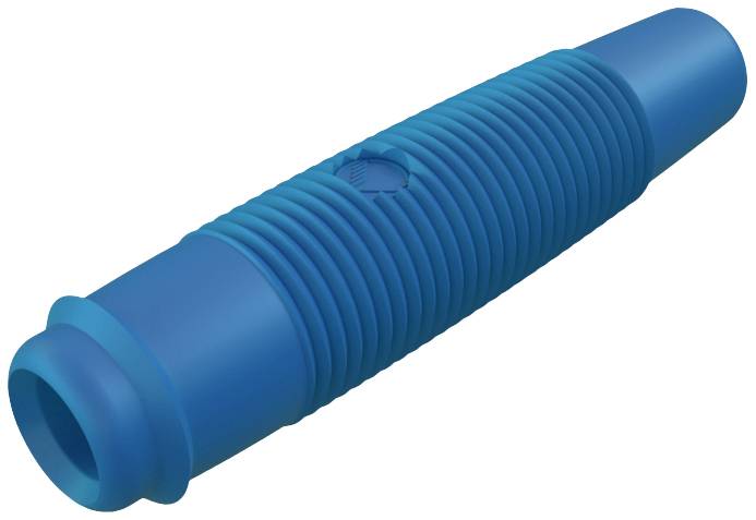 Un tubo flessibile in plastica blu a sezione rigata, con forma cilindrica, probabilmente parte di un dispositivo tecnico o industriale.
