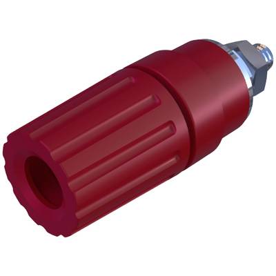 Tappo a vite rosso con superficie zigrinata e filettatura argentata, probabilmente parte di un dispositivo meccanico più ampio.