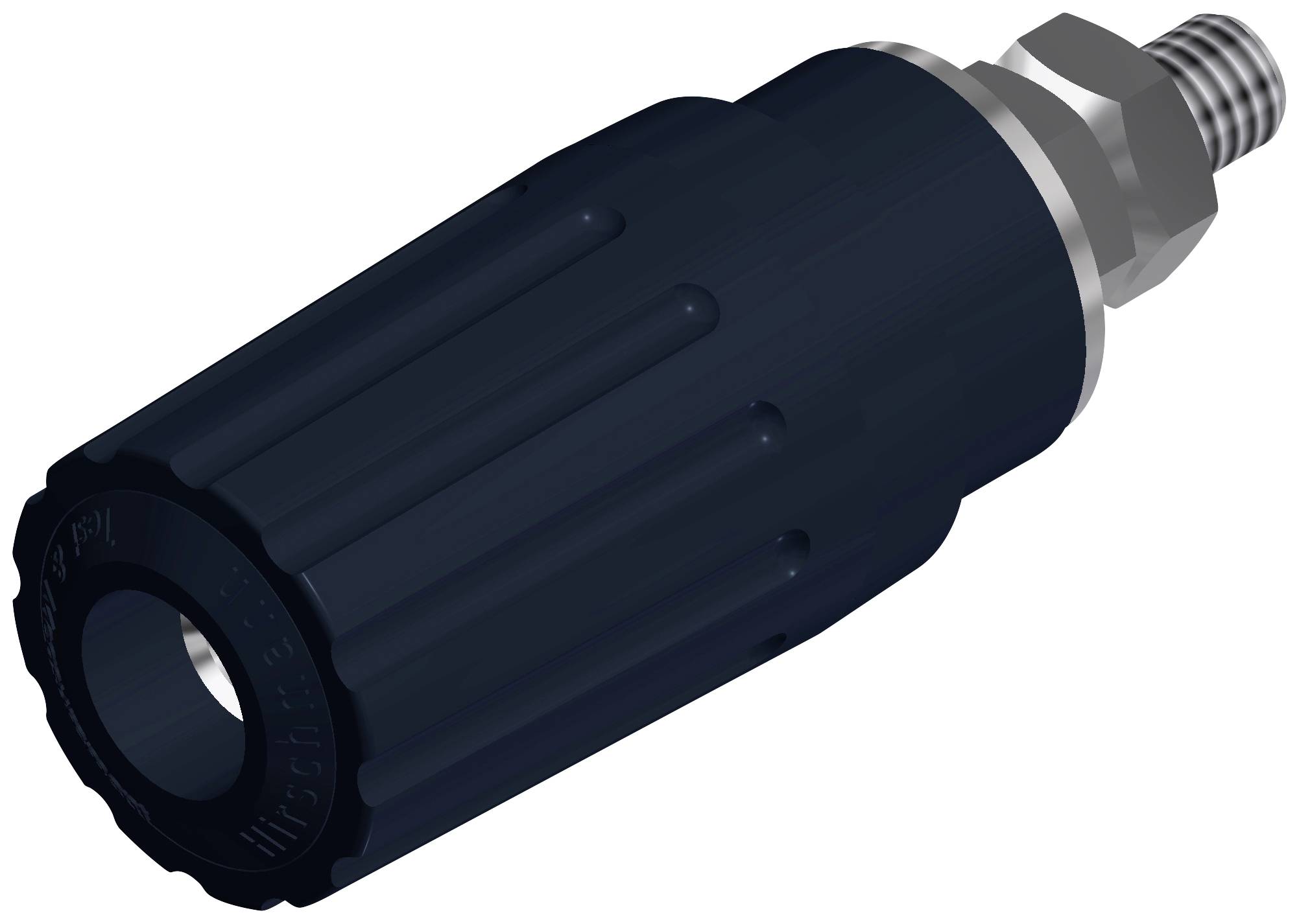 Un adattatore nero e cilindrico con un'estremità filettata. Probabilmente utilizzato per connessioni in dispositivi tecnici.