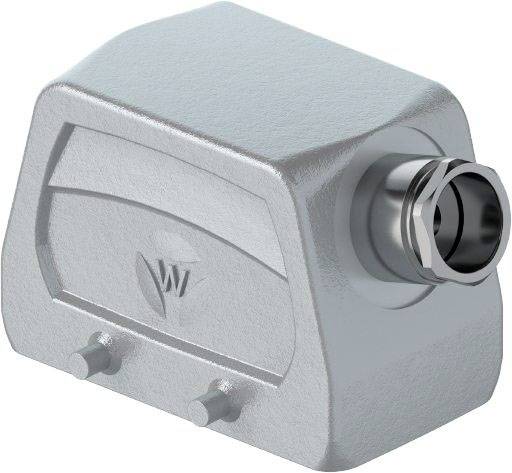 Coperchio metallico con connessioni a vite e logo stampato. Appare come un componente di un involucro per applicazioni tecniche.