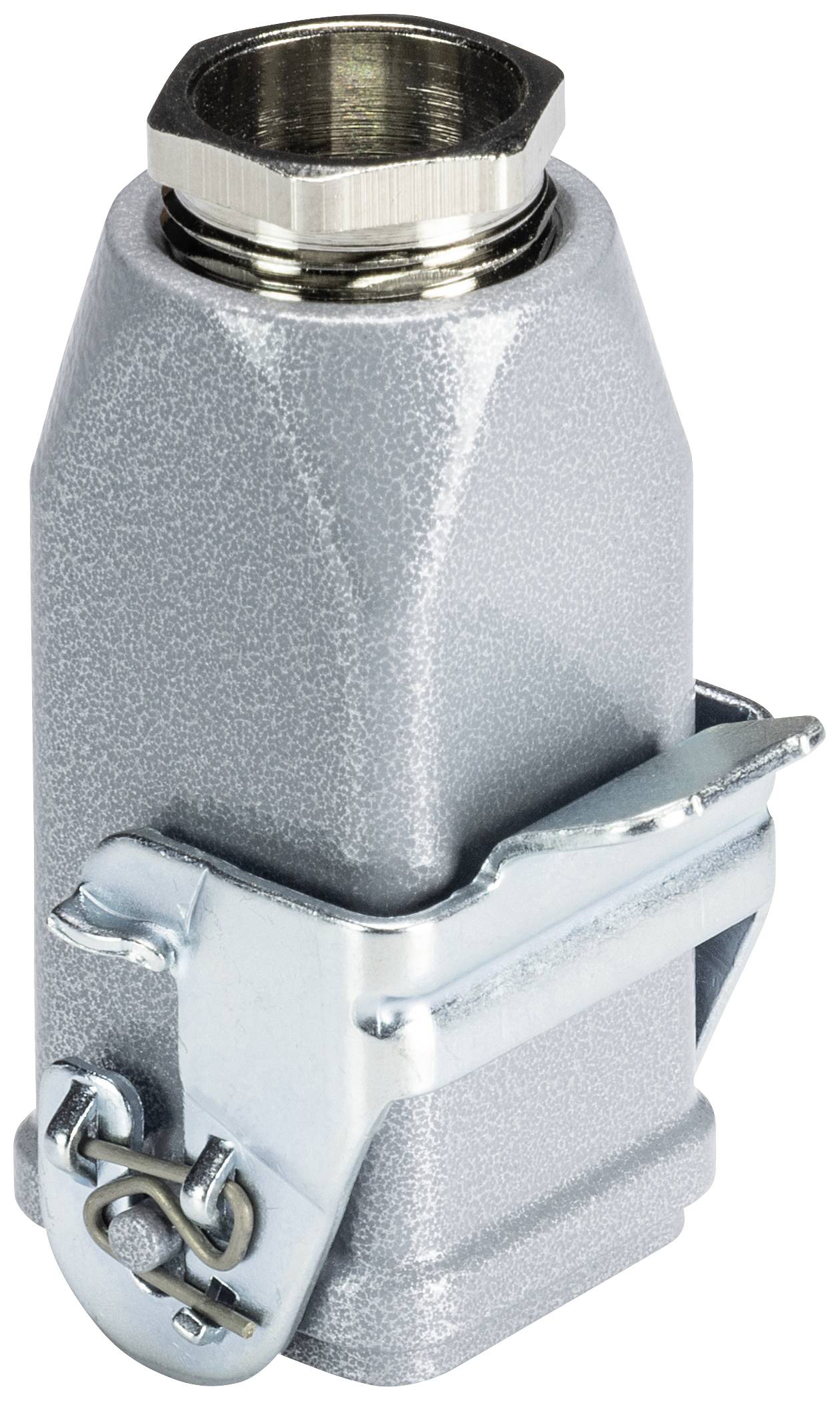 Connettore grigio metallico con filettatura sulla parte superiore e morsetti di fissaggio sui lati, per applicazioni industriali.