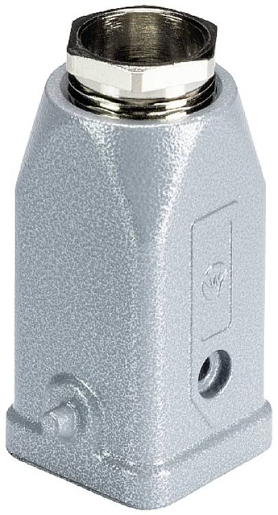 Involucro metallico per connettori industriali, forma rettangolare, con ghiera filettata e foro di connessione laterale.