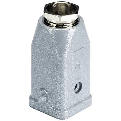 Involucro metallico per connettori industriali, forma rettangolare, con ghiera filettata e foro di connessione laterale.