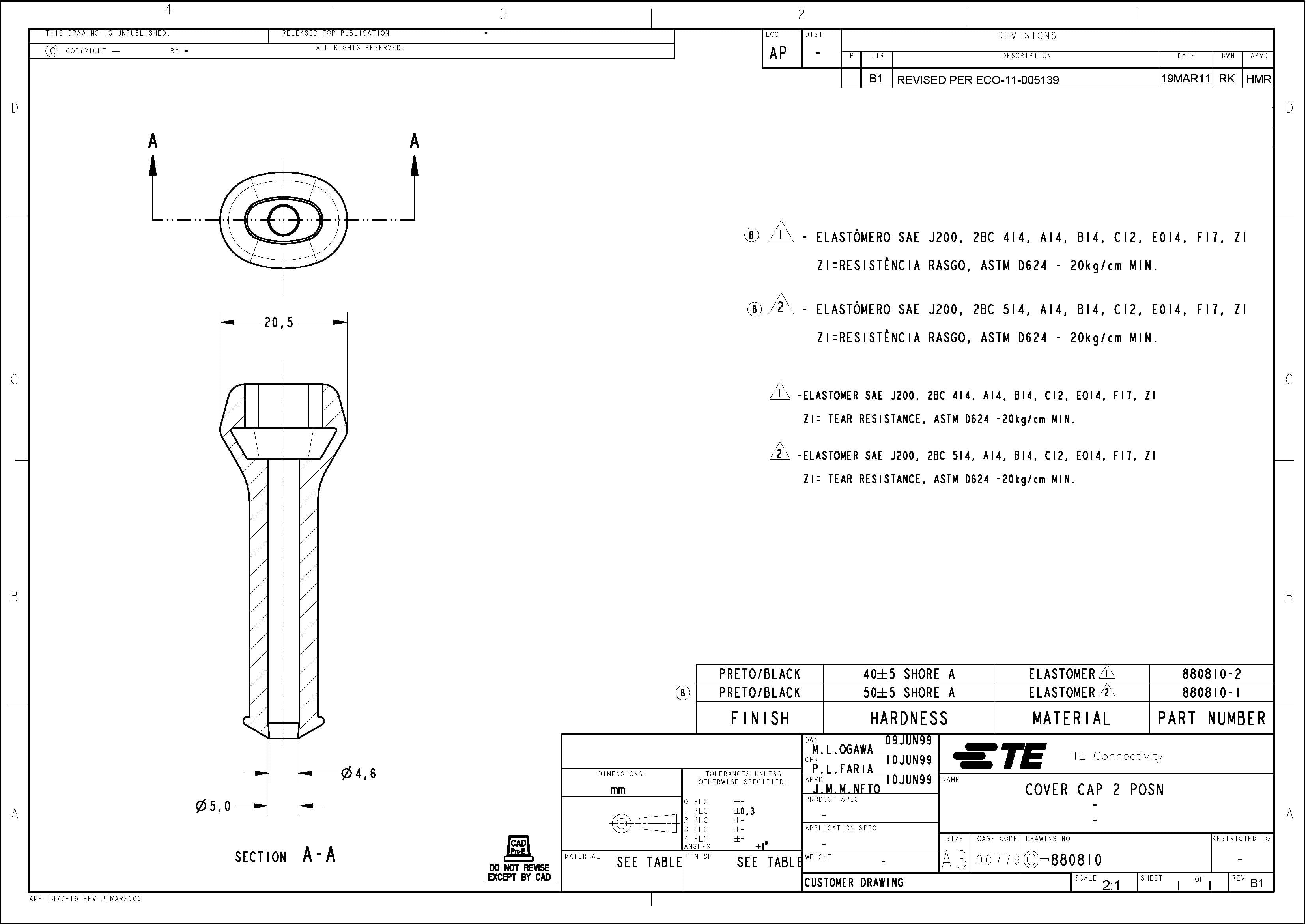 Disegno tecnico di un componente denominato 'Cover Cap', con quote e specifiche dei materiali; mostra vista anteriore e sezione trasversale.