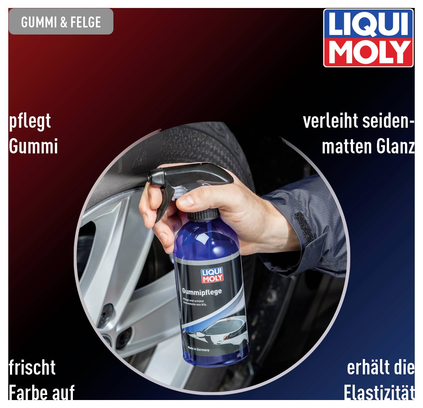 Una mano spruzza LIQUI MOLY Cura Gomma su un pneumatico per nutrire la gomma, conferire un finish opaco setoso e mantenere l'elasticità.