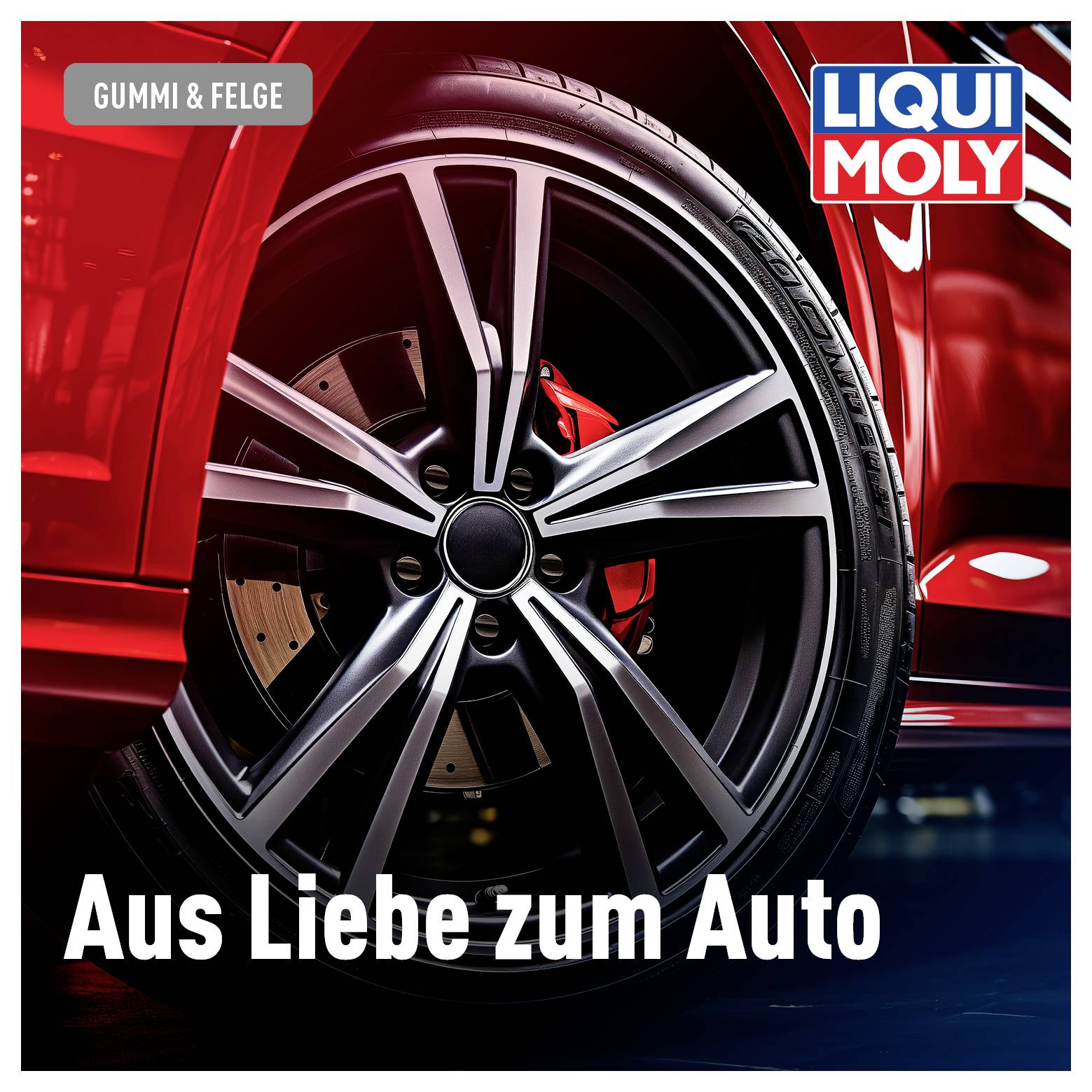 Auto rosso con focus su ruota e cerchio. Testo: 'Per amore dell'auto'. Logo Liqui Moly in alto a destra.
