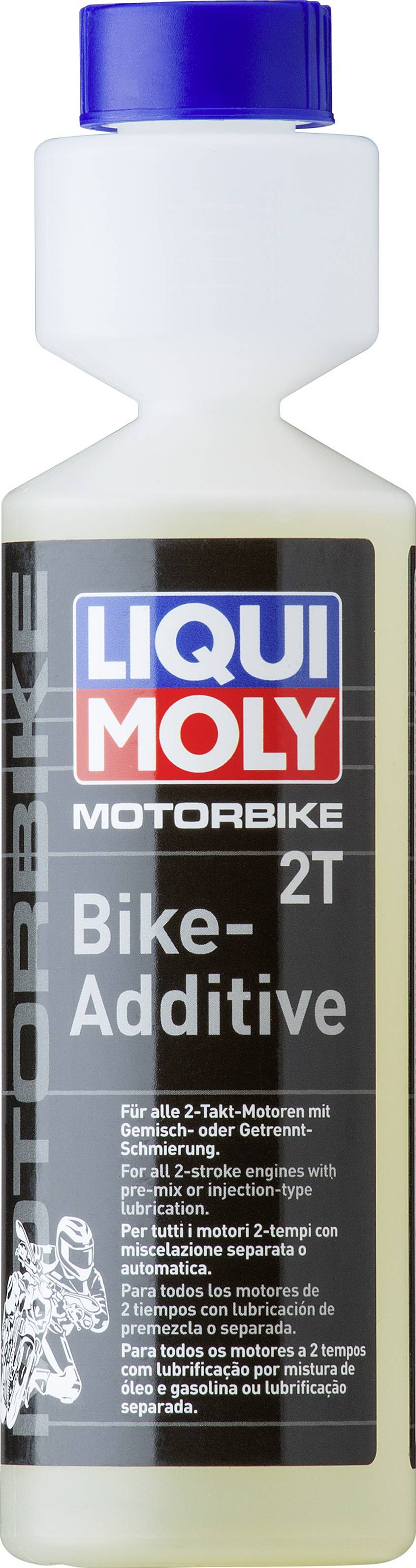Bottiglia con stampa 'LIQUI MOLY MOTORBIKE 2T Bike-Additive', per motori a due tempi, prodotto per l'ottimizzazione del carburante.