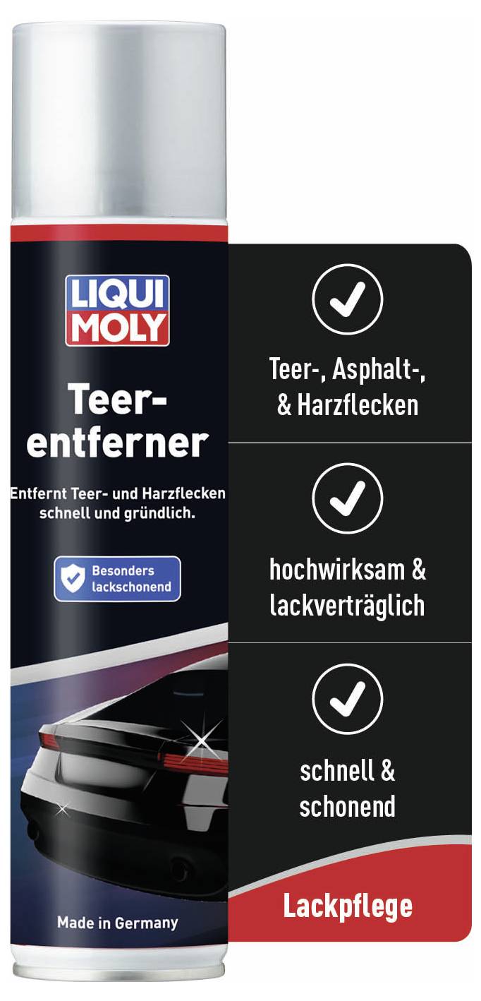 'Un barattolo spray Liqui Moly per rimuovere macchie di catrame e resina. Particolarmente delicato sulla vernice, altamente efficace e compatibile con la verniciatura.'