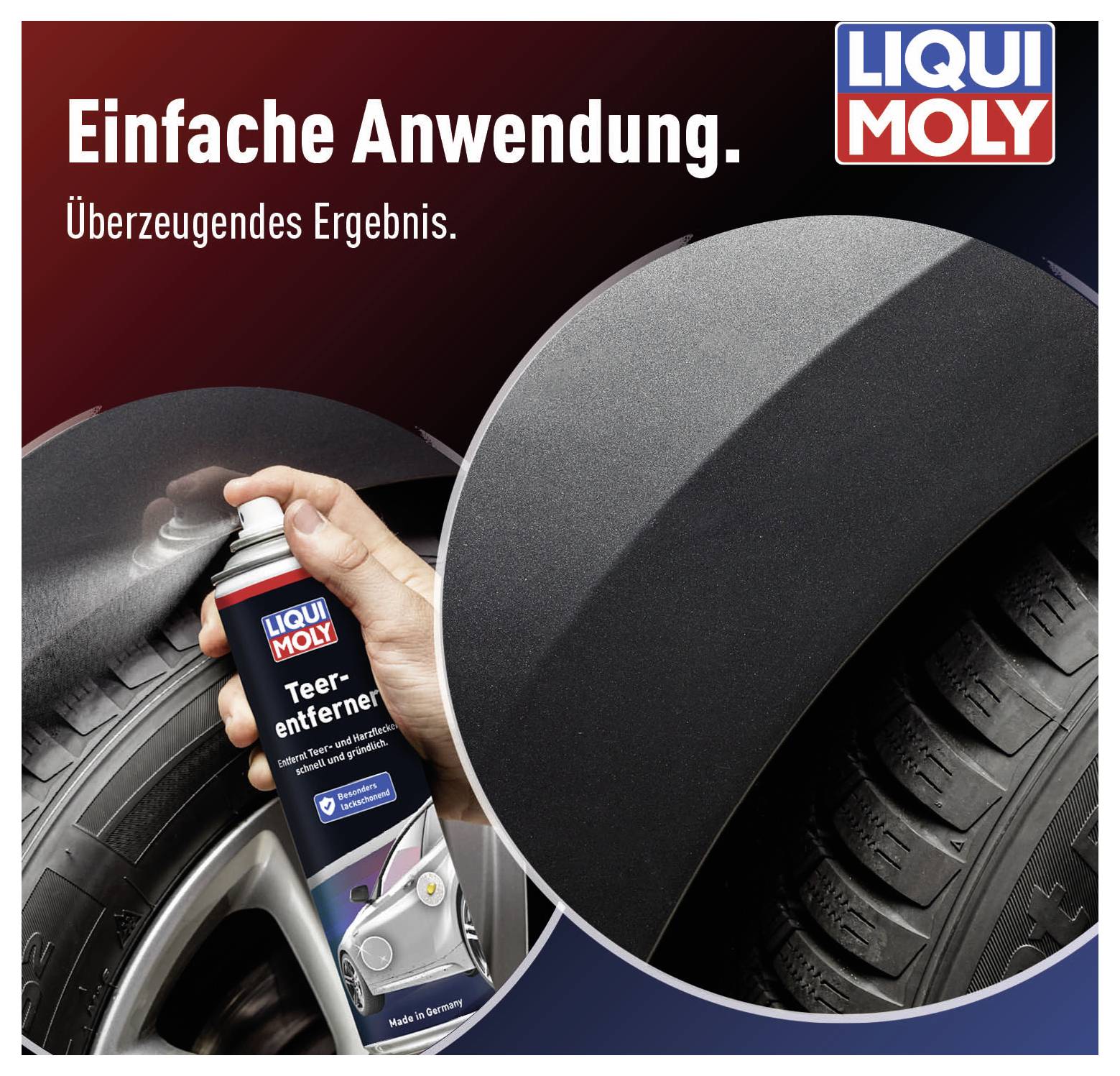 Un uomo tiene una bomboletta spray "Rimuovi Catrame" di LIQUI MOLY accanto a un pneumatico pulito. Testo: "Applicazione semplice. Risultato convincente."