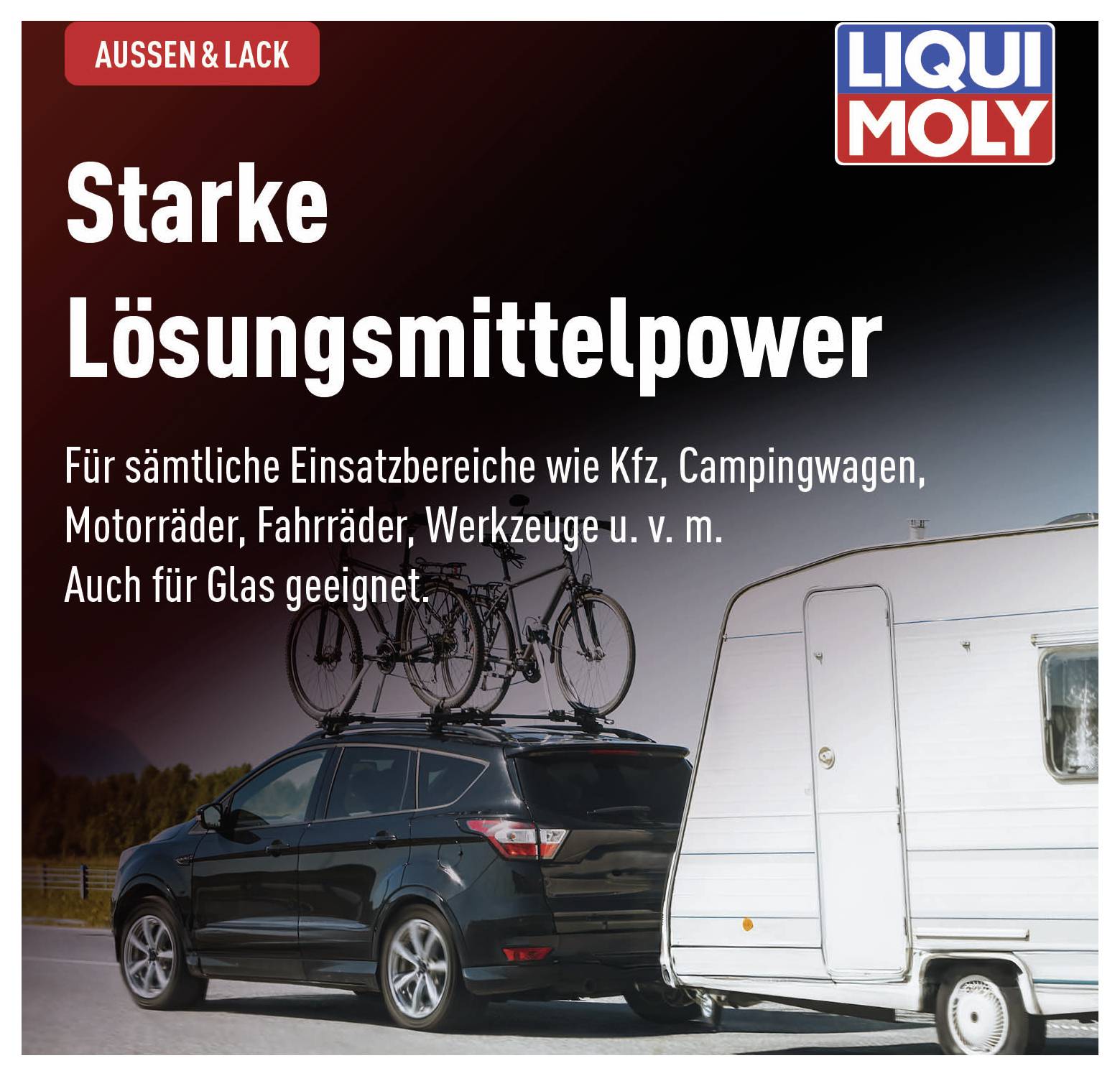 Auto con roulotte, biciclette sopra. Testo: 'Potente scioglitore' per veicoli, campeggio, motociclette, attrezzi. Anche per vetro.