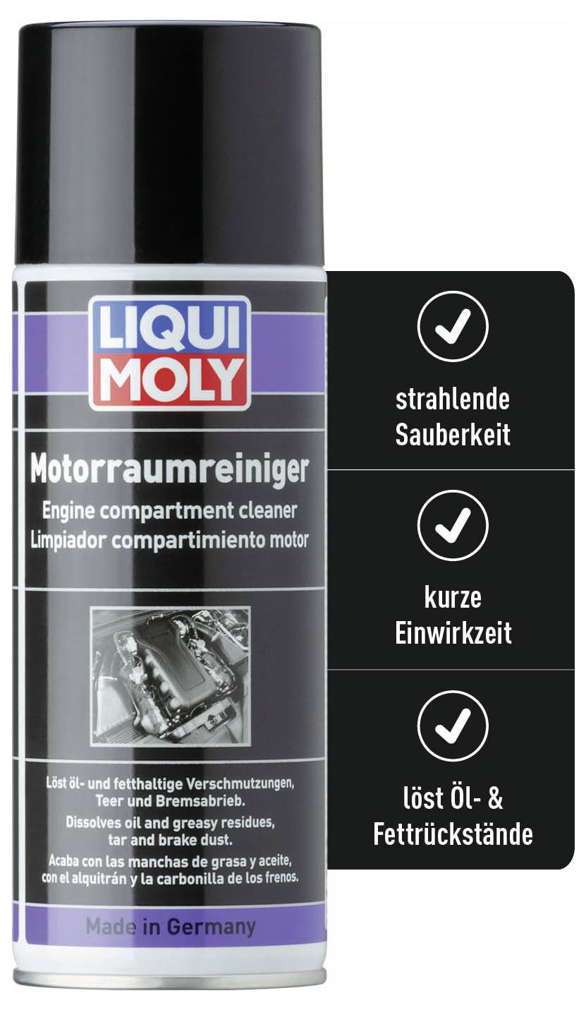 'Lattina di detergente per vano motore di Liqui Moly. Promette una pulizia splendente, un breve tempo di applicazione e rimuove residui di olio e grasso.'