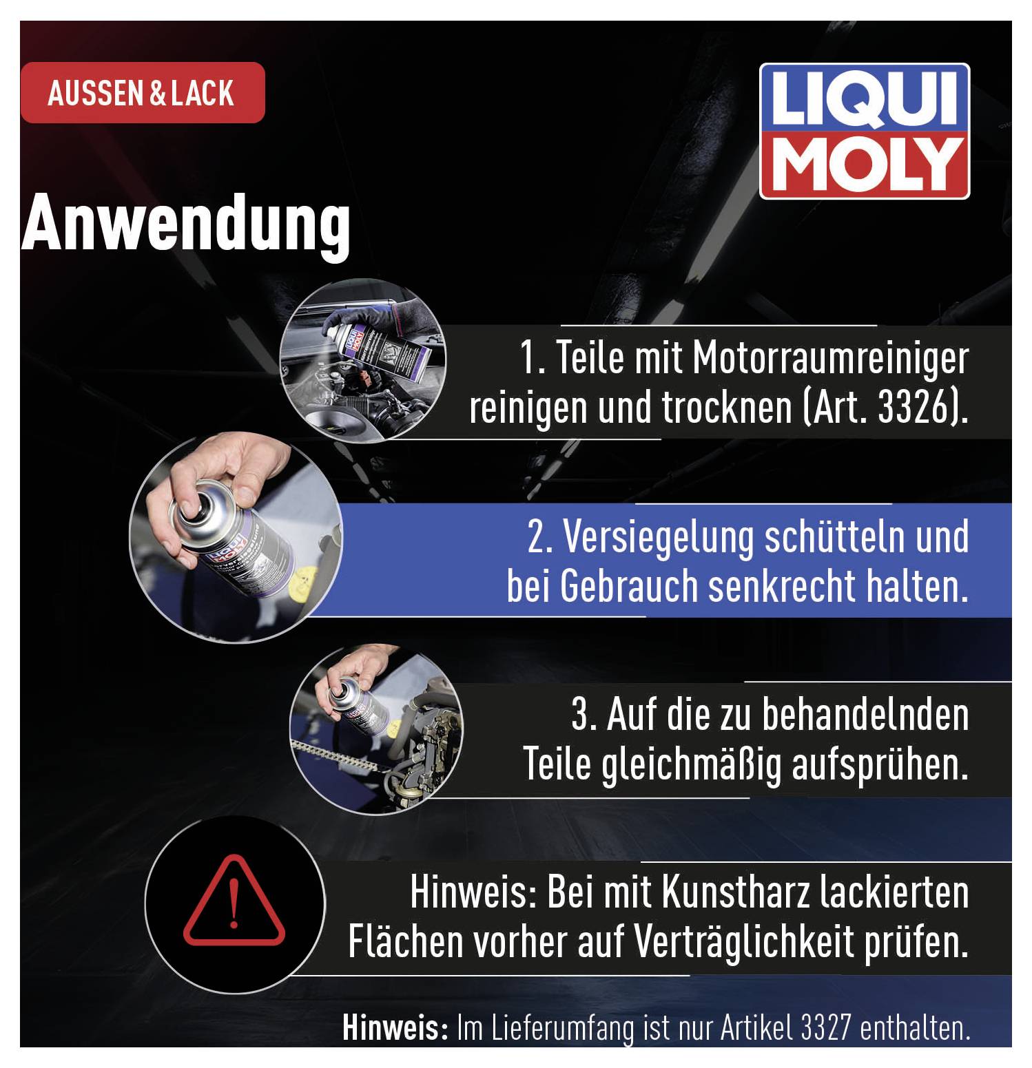 'Applicazione' mostra quattro passaggi per l'uso: Pulire, Agitare, Spruzzare uniformemente, Testare su vernice. Logo Liqui Moly in alto.