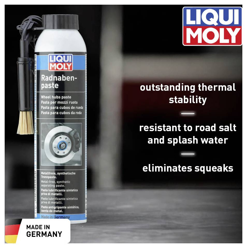 'LIQUI MOLY Spray per cuscinetti ruota' accanto a informazioni che enfatizzano l'eccellente resistenza alla temperatura e alla spruzzatura d'acqua. Prodotto in Germania.