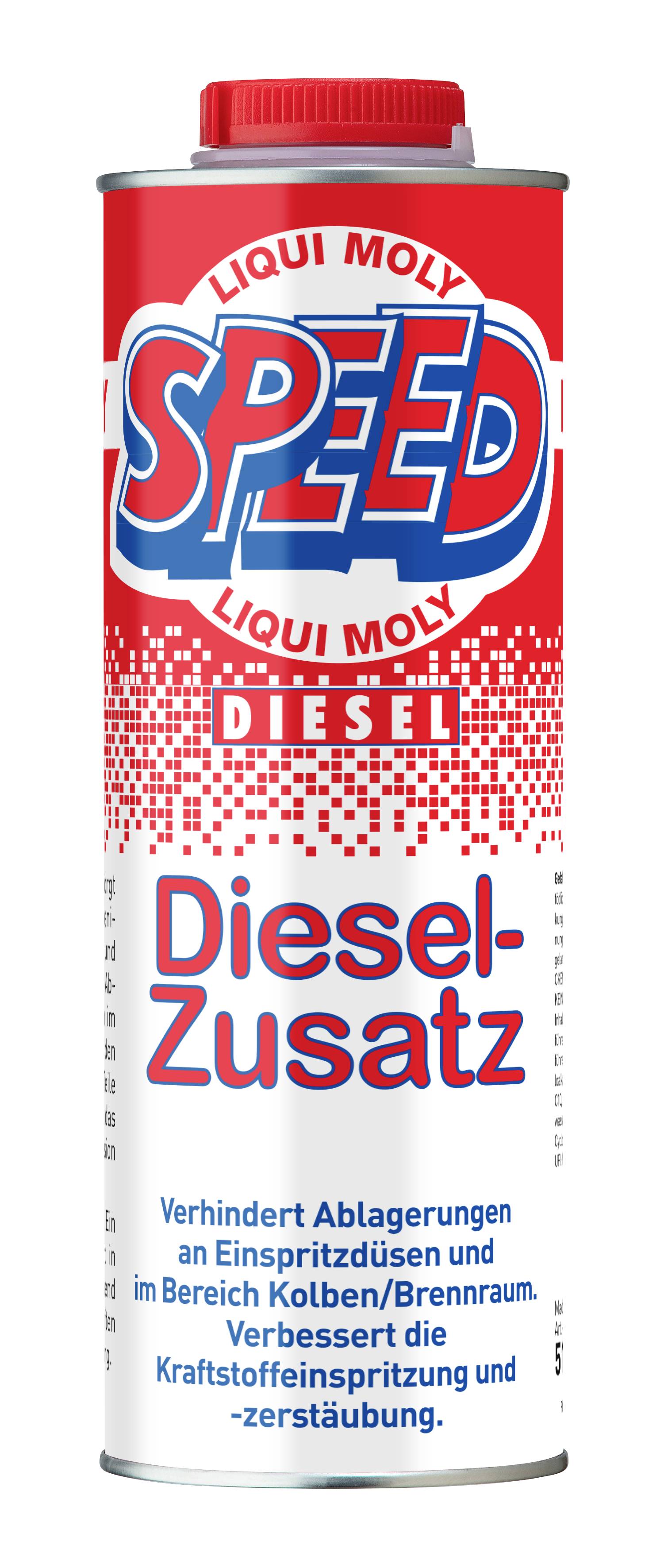 Liqui Moly SPEED additivo diesel in lattina etichettata "Diesel-Zusatz" per prevenire i depositi e migliorare l'iniezione del carburante e l'atomizzazione.