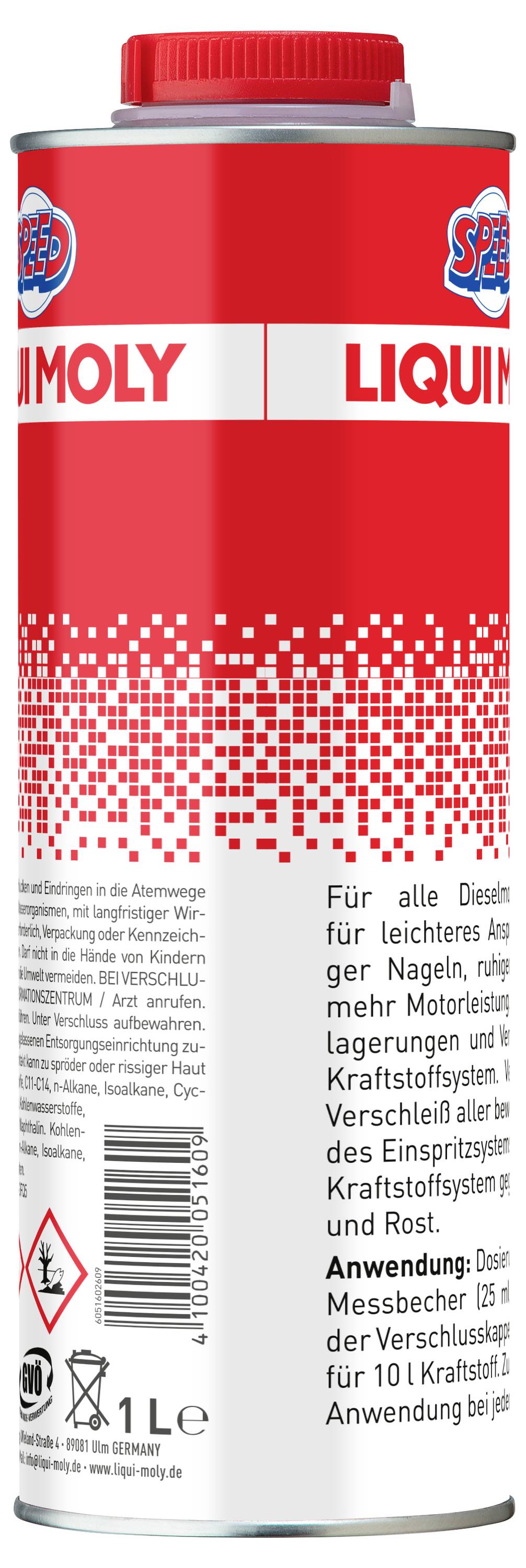 Lattina di olio motore rosso Liqui Moly con tappo rosso, 1 litro, etichettata "Leichtlauf" e informazioni sul prodotto in tedesco per motori diesel e benzina.